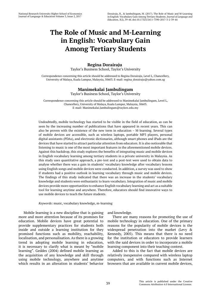 The role of music and m-learning in English: vocabulary gain among 